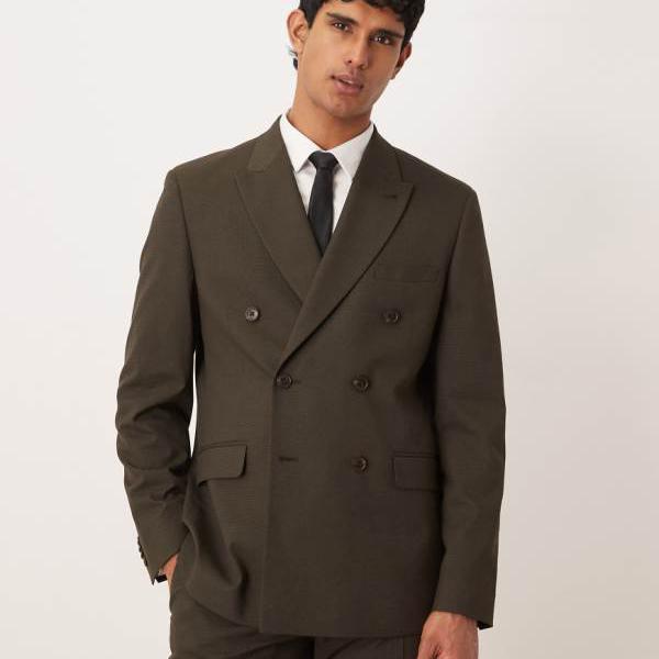 エイソス ASOS asos ASOS DESIGN ダブルブレスト レギュラースーツジャケット（ブラウン マイクロテクスチャ） アウター メンズ 男性 インポートブランド 小さいサイズから大きいサイズまで