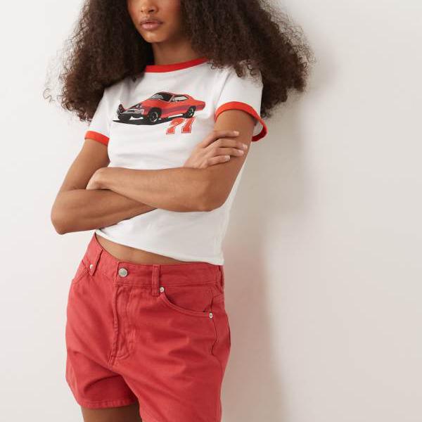 エイソス ASOS asos ASOS DESIGN ハイウエストデニムショーツ（赤いこと） ズボン下 下つ方 レディース 成人女性 インポートブランド 弱められた大きさから馬鹿でかい大きさまで