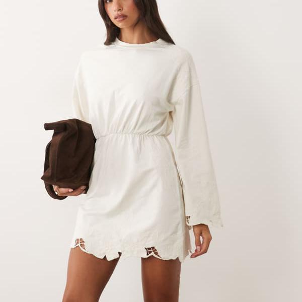 エイソス ASOS asos ASOS DESIGN プレミアムカットワーク＆刺しゅうミニスウェットドレス（皮膚軟化剤色） 衣装 レディース お上さん インポートブランド たわい無い大きさから気が大きい大きさまで