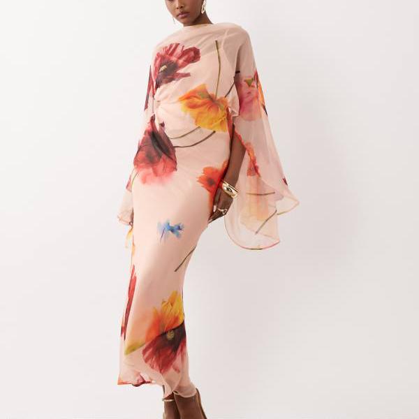 エイソス ASOS asos ASOS DESIGN 着物袖ケープディテール、ドレープミディ丈、背中開き、マルチカラープリント ワンピース レディース 女性 インポートブランド 小さいサイズから大きいサイズまで