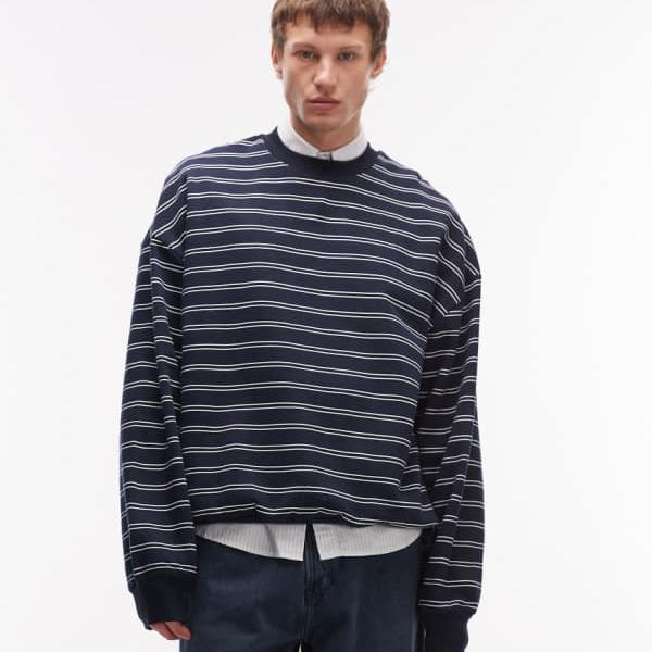 エイソス ASOS asos ASOS DESIGN エクストリームオーバーサイズプリントストライプスウェットシャツ（米国海軍） トップス メンズ 成人男性 インポートブランド 弱められた大きさから馬鹿でかい大きさまで