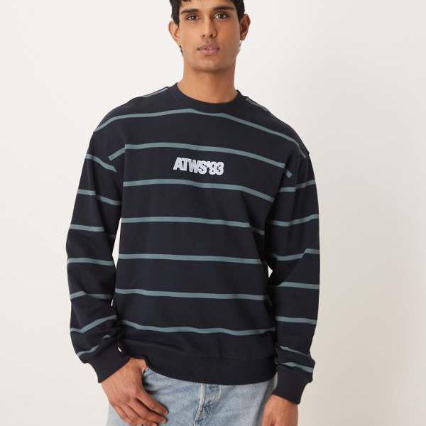 エイソス ASOS asos ASOS DESIGN 伸び伸びする填まる 縞模様 労働者の一団 トレーナー（米国海軍） トップス メンズ 成人男性 インポートブランド たわい無い大きさから気が大きい大きさまで