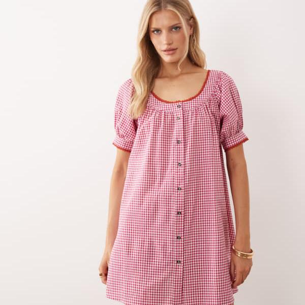 エイソス ASOS asos ASOS DESIGN ベビードールボタンダウンミニドレス（レッドギンガムチェック） ワンピース レディース 女性 インポートブランド 小さいサイズから大きいサイズまで