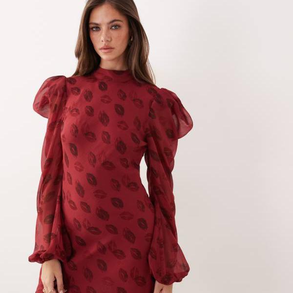 エイソス ASOS asos ASOS DESIGNのダークレッドのリッププリントのハイネックミニドレス ワンピース レディース 女性 インポートブランド 小さいサイズから大きいサイズまで 14,546円