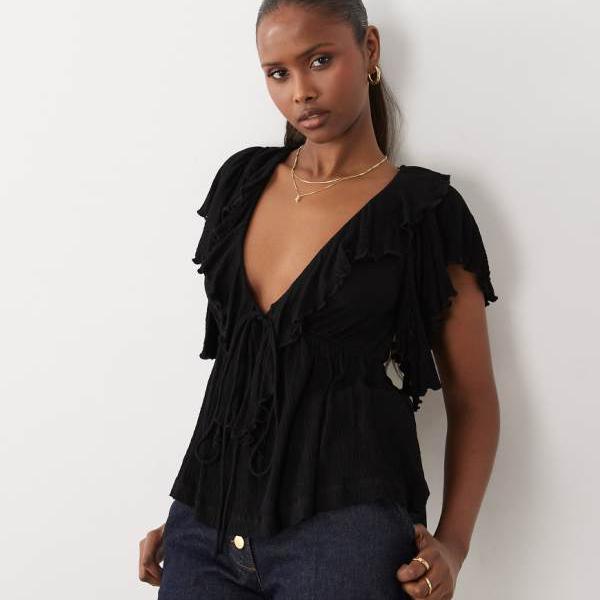 エイソス ASOS asos ASOS DESIGN クリンクル製作のプランジフリル袖トップス（黒いこと） トップス レディース 成人女性 インポートブランド 弱められた大きさから馬鹿でかい大きさまで