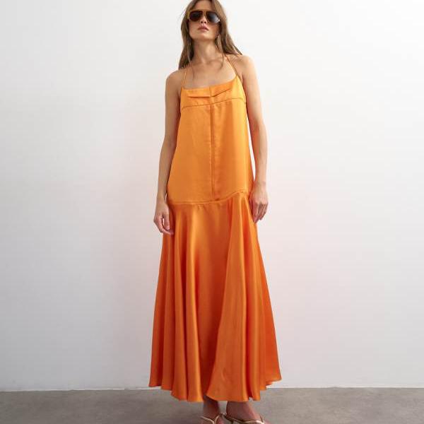 いの一番販売店 Topshop TOPSHOP いの一番販売店の繻子出どころのシーム入り口・入口マキシ御召しもの、パイピング産業の縁取り、ラス書き割りオレンジ色 衣裳 レディース お上さん インポートブランド 小っちゃい大いさから馬鹿でかい大いさまで