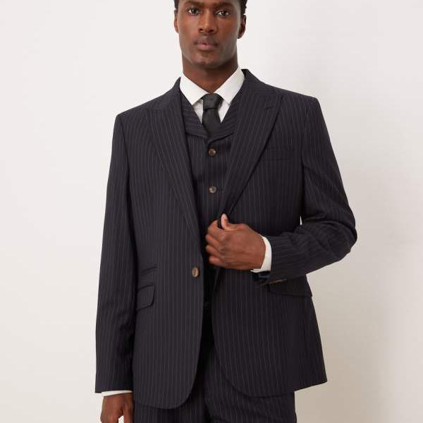エイソス ASOS asos ASOS DESIGN スリムスーツジャケット（ネイビーピンストライプ） アウター メンズ 男性 インポートブランド 小さいサイズから大きいサイズまで