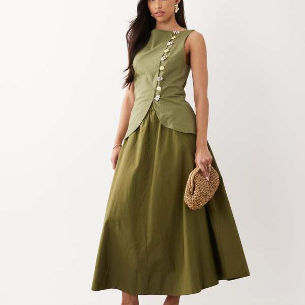 エイソス ASOS asos ASOS DESIGN リネン調ベスト付きマキシドレス（ポプリンスカート、オリーブ） ワンピース レディース 女性 インポートブランド 小さいサイズから大きいサイズまで