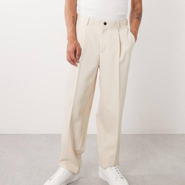 エイソス ASOS asos ASOS DESIGN スマートプリーツオーバーサイズテーパードパンツ（エクリュ） ズボン下 下つ方 メンズ 成人男性 インポートブランド 小っちゃい大いさから馬鹿でかい大いさまで