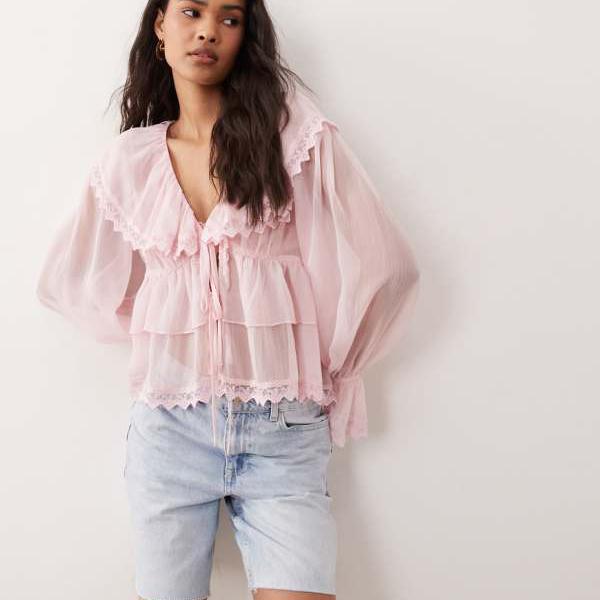 ミスセルフリッジ Miss Selfridge ミス・セルフリッジのライトピンクのシフォンフリルタイフロントブラウス トップス レディース 女性 インポートブランド 小さいサイズから大きいサイズまで