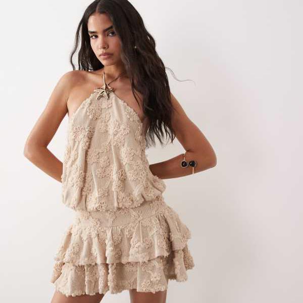 ASOS LUXE ホルターネック テクスチャードティアードミニドレス（キャメル） ワンピース レディース 女性 インポートブランド 小さいサイズから大きいサイズまで｜セレクトショップ　Diva　Closet