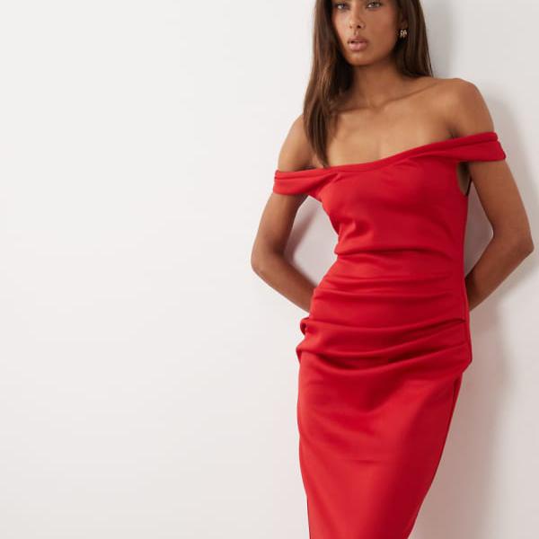 エイソス ASOS asos ASOS DESIGN オフショルダー ギャザー midi御召しもの（赤いこと） 衣装 レディース 成人女性 インポートブランド 弱められた大きさから馬鹿でかい大きさまで
