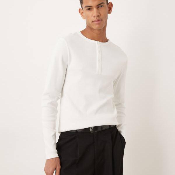 エイソス ASOS asos ASOS DESIGN スーパーヘビーウェイト マッスルフィット ロングスリーブ T シャツ（ヘンリーネック、ホワイトリブ） トップス メンズ 男性 インポートブランド 小さいサイズから大きいサイズまで