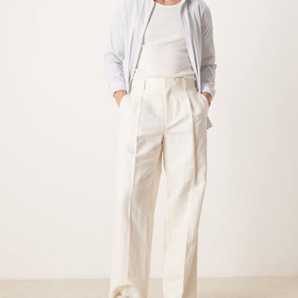 エイソス ASOS asos ASOS DESIGN スマートプリーツリネンリッチワイドレッグパンツ（白いこと） ズボン下 下つ方 メンズ 成人男性 インポートブランド ごく小さい大きさから大層らしい大きさまで
