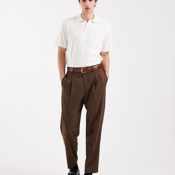 エイソス ASOS asos ASOS DESIGN スマートウール リッチ プレミアム リラックス テーパード トラウザー プリーツ ブラウン パンツ ボトム メンズ 男性 インポートブランド 小さいサイズから大きいサイズまで