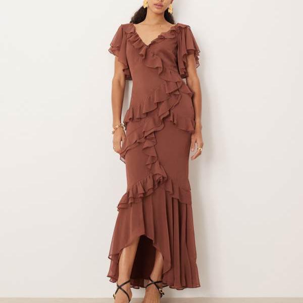 エイソス ASOS asos ASOS DESIGN オフエッジ アシンメトリー ラッフル マキシドレス（ハイローヘム、ライトブラウン） ワンピース レディース 女性 インポートブランド 小さいサイズから大きいサイズまで