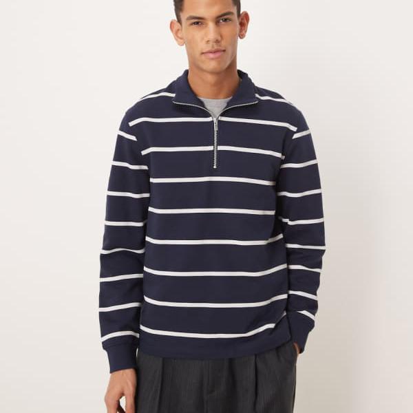 エイソス ASOS asos ASOS DESIGN エッセンシャル 縞模様 ハーフジップ トレーナー（米国海軍） トップス メンズ 成人男性 インポートブランド たわい無い大きさから気が大きい大きさまで
