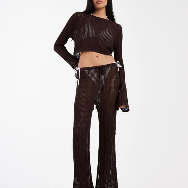 エイソス ASOS asos ASOS DESIGN ポリーポインテールニットビーチパンツ（黒茶） 下つ方  ズボン下 レディース 成人女性 インポートブランド 弱められた大きさから馬鹿でかい大きさまで