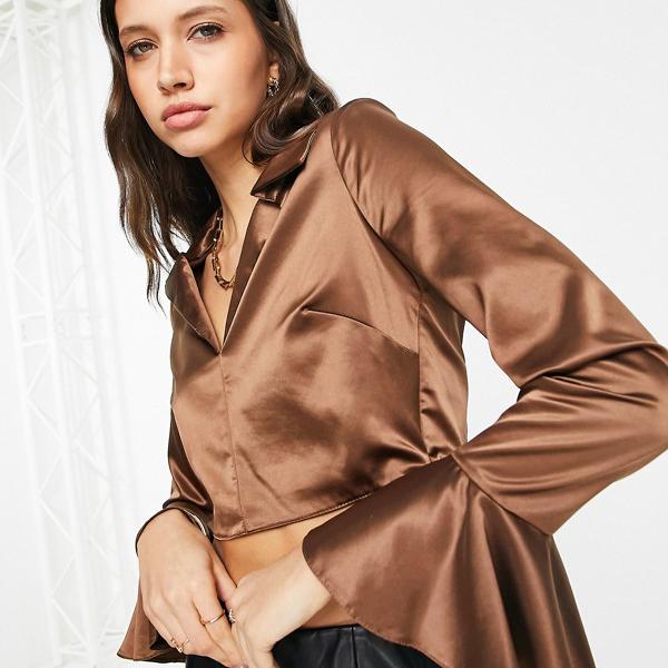 100％本物 リバーアイランド River Island RIVER ISLAND サテン フリル カフス シャツ ブラウン トップス レディース  女性 インポートブランド 小さいサイズから大きいサイズまで