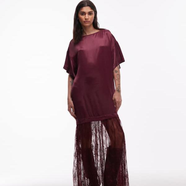 エイソス ASOS asos ASOS DESIGN 繻子プルオーバー ハイブリッドマキシドレス（バーガンディ） 衣装 レディース 成人女性 インポートブランド 弱められた大きさから馬鹿でかい大きさまで