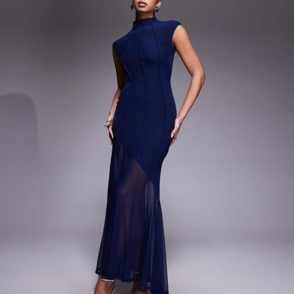エイソス ASOS asos ASOS DESIGNのメッシュハイネックマキシドレス（ネイビー） ワンピース レディース 女性 インポートブランド 小さいサイズから大きいサイズまで