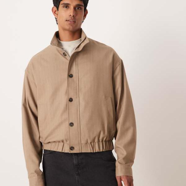 エイソス ASOS asos ASOS DESIGN リラックス ピンストライプ スマート トラックジャケット（ブラウン） アウター メンズ 男性 インポートブランド 小さいサイズから大きいサイズまで