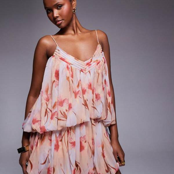 エイソス ASOS asos ASOS DESIGN ダブルバブルピンタックキャミミニドレス（抽象化的な花柄刷り上げる） 衣装 レディース 成人女性 インポートブランド 弱められた大きさから馬鹿でかい大きさまで