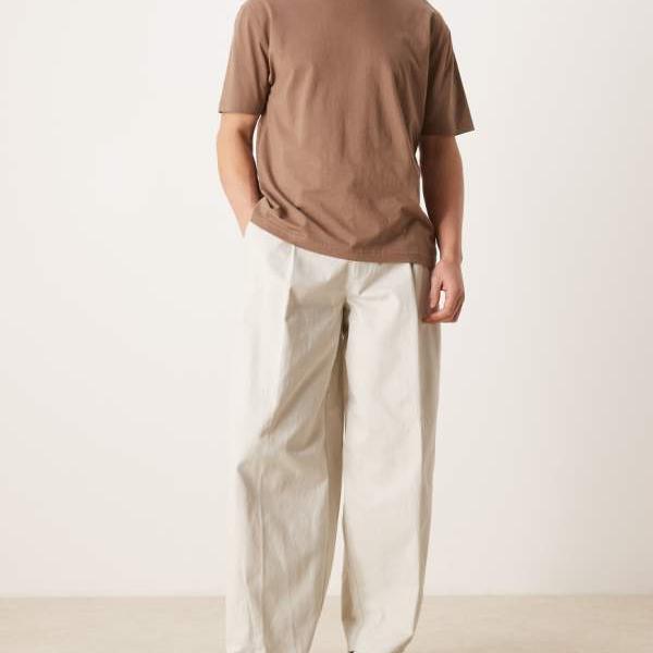 エイソス ASOS asos ASOS DESIGN エクリュのヘビーウェイトツイルを当て嵌めるしたかっこ良いな100%コットンバレルレッグトラウザー ズボン下 下つ方 メンズ 成人男性 インポートブランド たわい無い大きさから気が大きい大きさまで