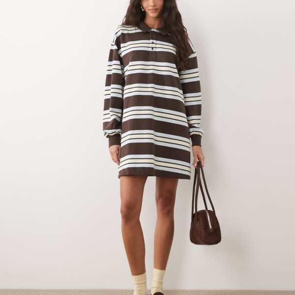 エイソス ASOS asos ASOS DESIGN ポロラグビーミニドレス（赤銅色縞模様） 衣装 レディース 成人女性 インポートブランド 弱められた大きさから馬鹿でかい大きさまで