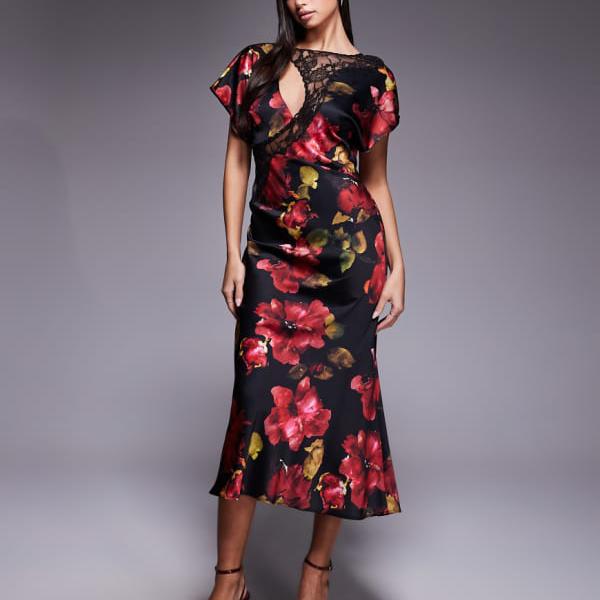 エイソス ASOS asos ASOS DESIGN 袖にレースアップリケを施した、バーガンディフローラルのバイアスカットサテンマキシドレス ワンピース レディース 女性 インポートブランド 小さいサイズから大きいサイズまで