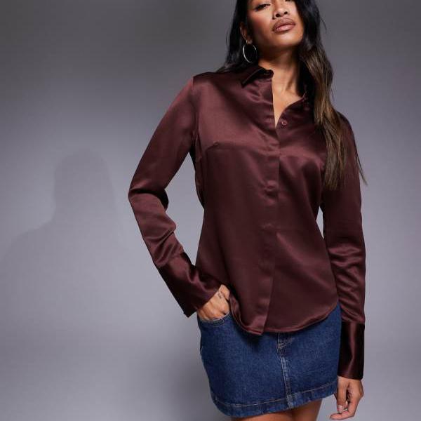 エイソス ASOS asos ASOS DESIGN スリムフィット サテンシャツ（チョコレート） トップス レディース 女性 インポートブランド 小さいサイズから大きいサイズまで 11,578円