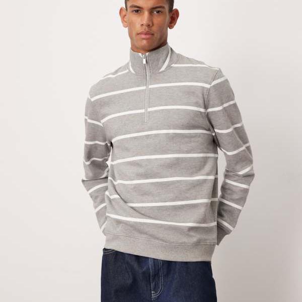 エイソス ASOS asos ASOS DESIGN エッセンシャル ストライプ ハーフジップ スウェットシャツ（グレー マーブル） トップス メンズ 男性 インポートブランド 小さいサイズから大きいサイズまで