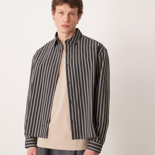 エイソス ASOS asos ASOS DESIGNのブラックとベージュのボックスストライプシャツ トップス メンズ 男性 インポートブランド 小さいサイズから大きいサイズまで