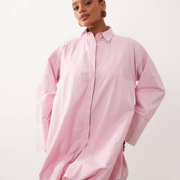 エイソス ASOS asos ASOS DESIGN サクラ色縞模様のバブルヘム付き添い人ワイドカフシャツミニドレス 衣装 レディース 成人女性 インポートブランド 弱められた大きさから馬鹿でかい大きさまで