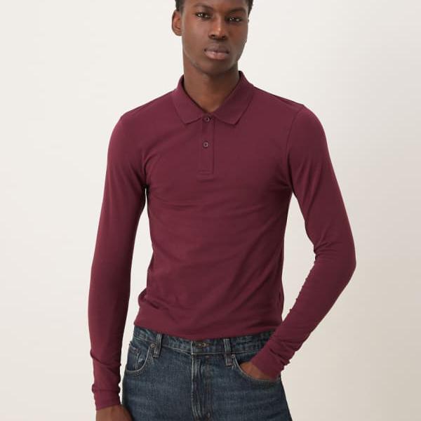 エイソス ASOS asos ASOS DESIGN Essentials マッスルフィット ロングスリーブ ポロシャツ（バーガンディ） トップス メンズ 男性 インポートブランド 小さいサイズから大きいサイズまで