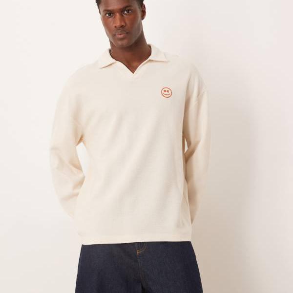 エイソス ASOS asos ASOS DESIGN ヘビーウェイトワッフルオーバーサイズロングスリーブTシャツ（オフホワイト、スマイル刺繍入り） トップス メンズ 男性 インポートブランド 小さいサイズから大きいサイズまで