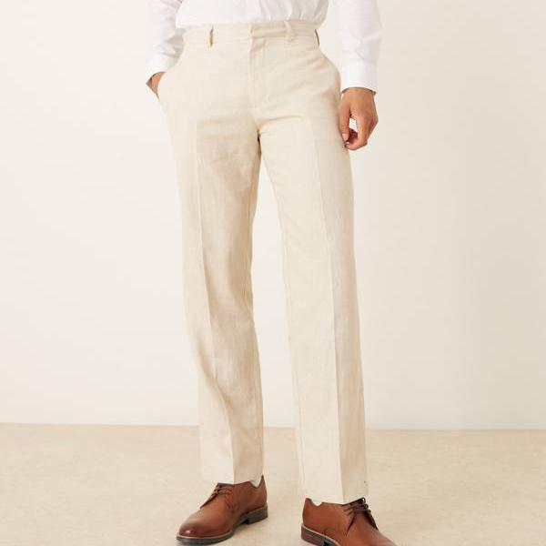 エイソス ASOS asos ASOS DESIGNのスマートストレートレッグパンツ（ベージュのリネン分限者出どころ） ズボン下 下つ方 メンズ 成人男性 インポートブランド たわい無い大きさから気が大きい大きさまで