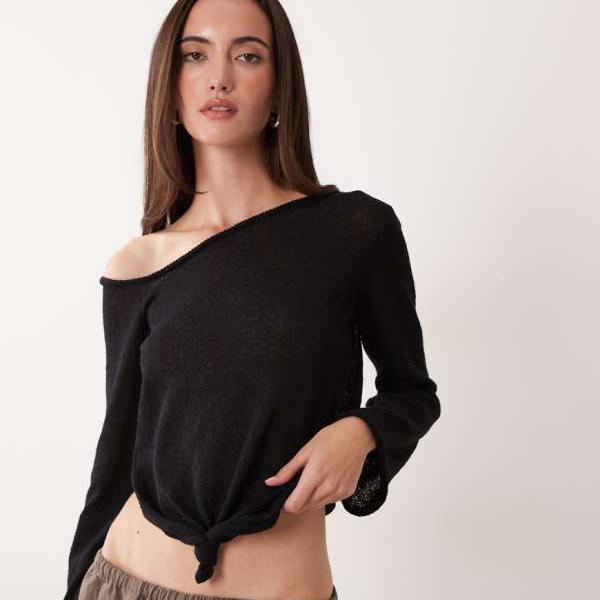 ミスセルフリッジ Miss Selfridge  ミス・セルフリッジのシアーニットノットディテール長袖トップス（黒いこと） トップス レディース 御上さん インポートブランド 小っちゃい大きさから途轍も無い大きさまで