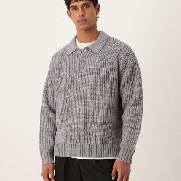 エイソス ASOS asos ASOS DESIGN オーバーサイズ ヘビーウェイト ニットウールブレンド クォータージップ ポロジャンパー（グレーマール） トップス メンズ 男性 インポートブランド 小さいサイズから大きいサイズまで