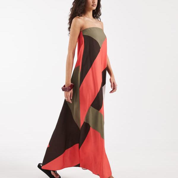 エイソス ASOS asos ASOS DESIGNの色つや立ちはだかる柄バンドゥマキシドレス 衣裳 レディース 亭主もち インポートブランド ごく小さい大きさから大層らしい大きさまで