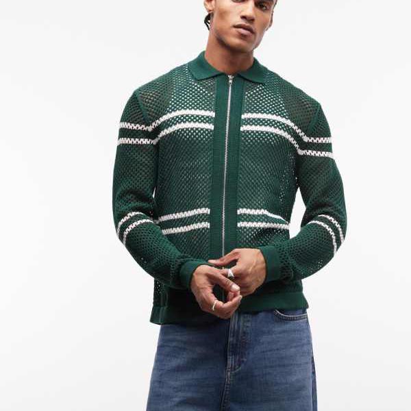 エイソス ASOS asos ASOS DESIGN リラックスニット エアテックス ジップスルー ストライプカーディガン ダークグリーン トップス メンズ 男性 インポートブランド 小さいサイズから大きいサイズまで
