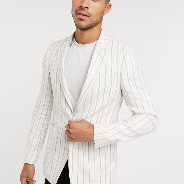 お手頃価格 メンズファッション コート ジャケット エイソス 小さいサイズから大きいサイズまで インポートブランド 男性 メンズ アウター Asosdesignのストーンとホワイトのリネンストライプのスーパースキニーブレザー Asos Asos Sercomedsa Cl