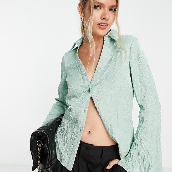 エイソス ASOS asos ASOS DESIGN セージグリーンのクリンクルテクスチャーの90年代スリムフィットサテンシャツ トップス レディース 女性 インポートブランド 小さいサイズから大きいサイズまで