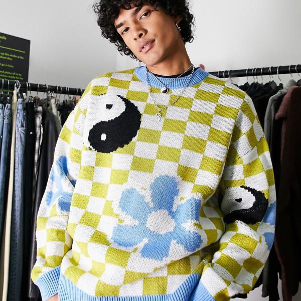 エイソス Asos Asos Asosdesignの陰陽形体のニットチェッカーボードジャンパー トップス メンズ ガイ インポートブランド 陋劣大いさからオーバーサイズまで Blackfishmarine Com