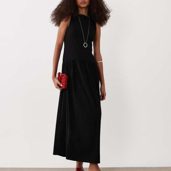 エイソス ASOS asos ASOS DESIGN リブミックスミディドレス(ドロップウエスト、ブラック) ワンピース レディース 女性 インポートブランド 小さいサイズから大きいサイズまで
