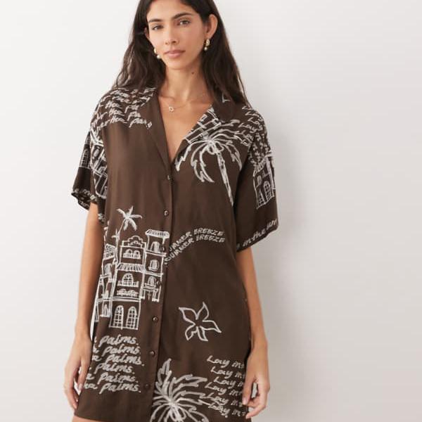 エイソス ASOS asos ASOS DESIGN 黒茶色の御喋り刷り上げるのボウリングシャツドレス 衣装 レディース 成人女性 インポートブランド 弱められた大きさから馬鹿でかい大きさまで
