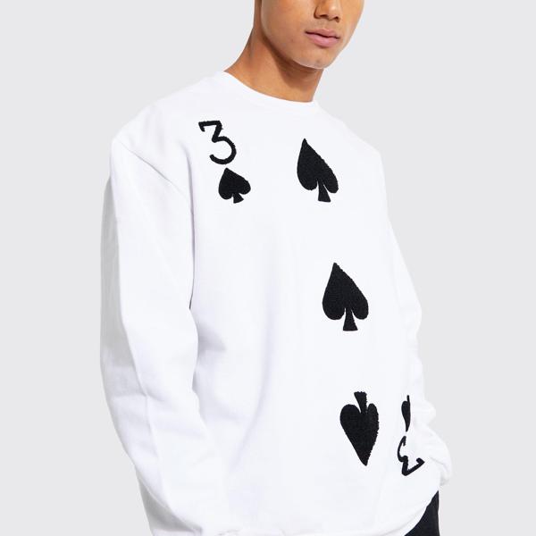 セットアップ Boohoo ブーフー Boohoo 特大のトランプアップリケのスウェットシャツ トップス メンズ 男性 インポートブランド 小さいサイズから大きいサイズまで 代 30代 40代 プレゼント 誕生日 国内正規品 Css Edu Om