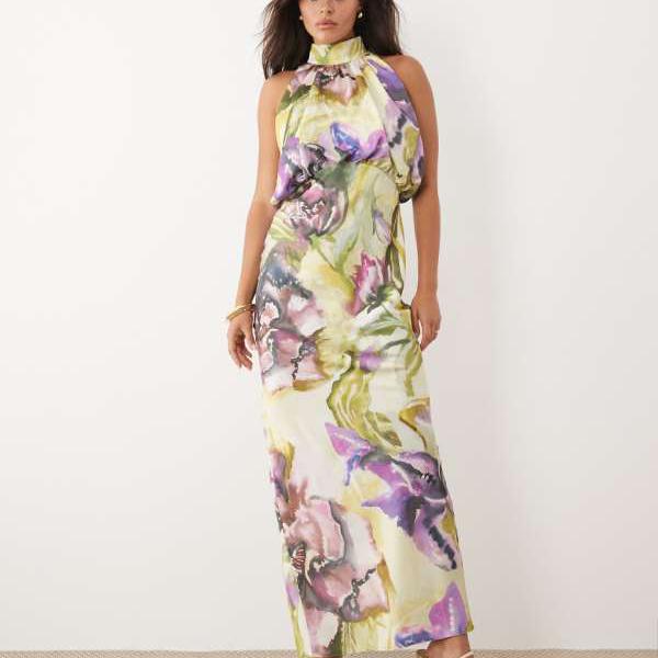 エイソス ASOS asos ASOS DESIGN ホルターネック ブラウソン 繻子 マキシ御召しもの ペイントフローラルプリント 衣裳 レディース 亭主もち インポートブランド ごく小さい大きさから大層らしい大きさまで