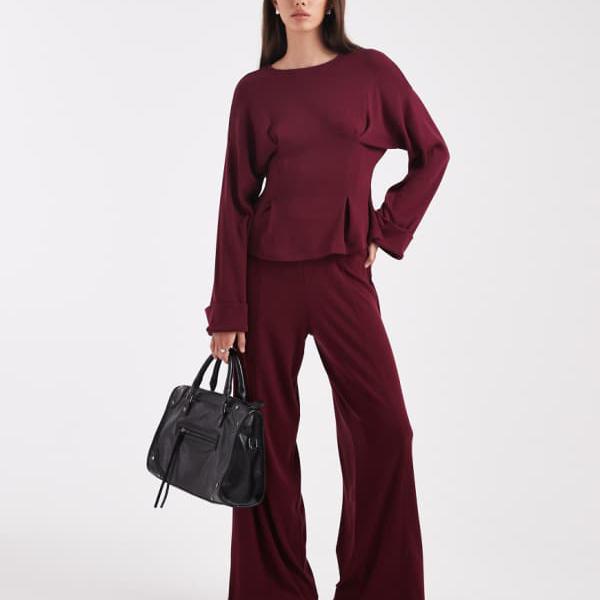エイソス ASOS asos ASOS DESIGN ダークチェリーのファインニットワイドレッグトラウザー パンツ ボトム レディース 女性 インポートブランド 小さいサイズから大きいサイズまで