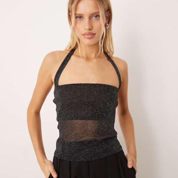 エイソス ASOS asos ASOS DESIGN グリッターメッシュホルタートップ（ブラック） トップス レディース 女性 インポートブランド 小さいサイズから大きいサイズまで